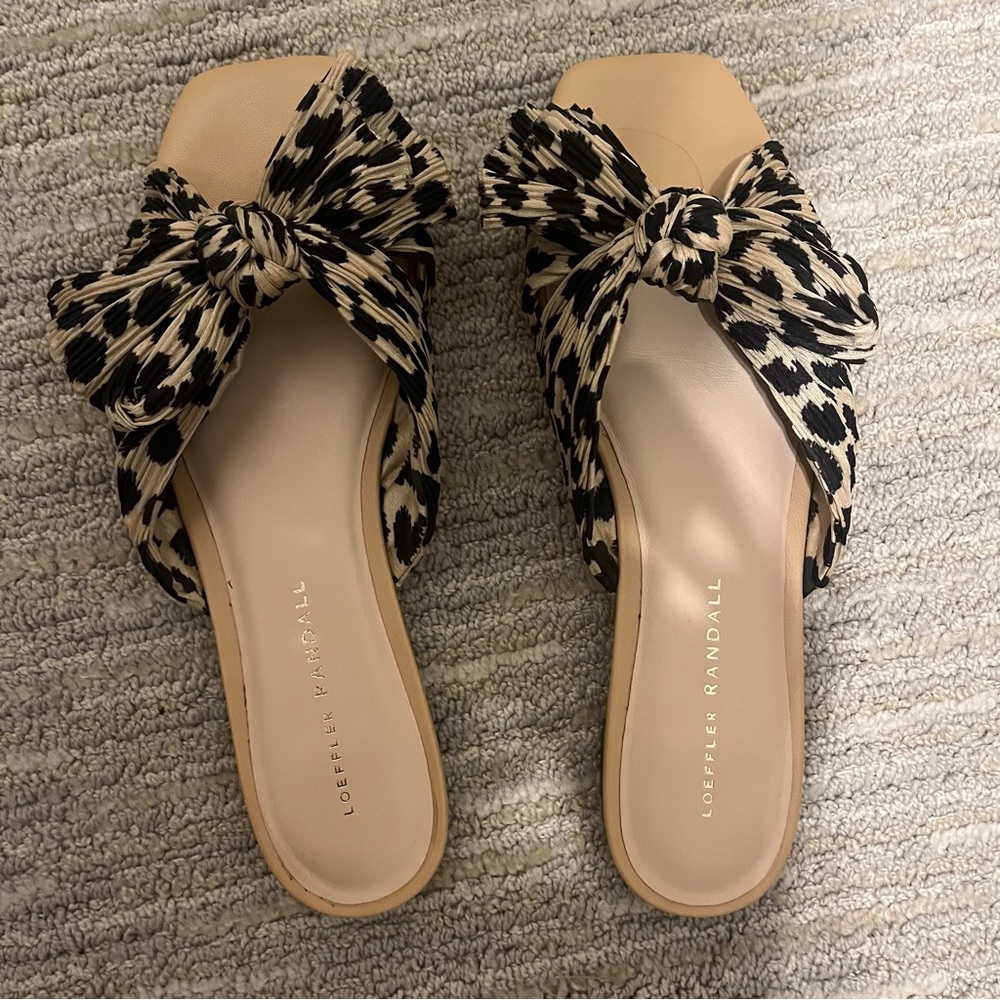 Loeffler Randall Black and Tan Mules with Leopard Print Bow